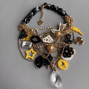 Betsey Johnson Rocker Chick Necklace Multi Strand Gold Tone Yellow Black Charms